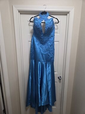 Blue Lace Appliqué High-Neck Evening Gown